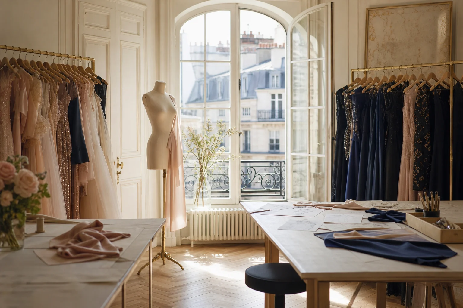Maison Jules Parisian fashion atelier with elegant clothing racks
