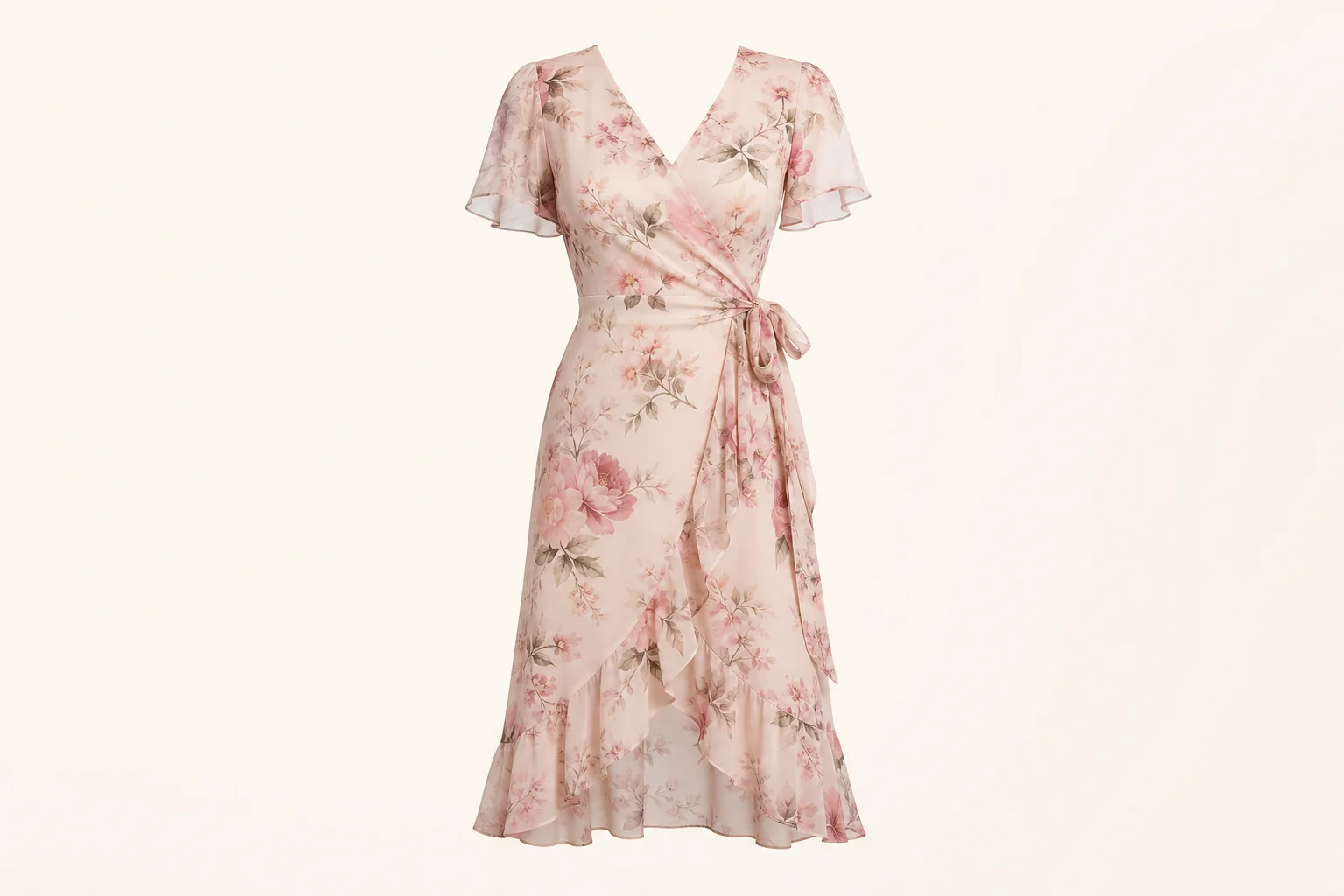 Floral print wrap dress in blush tones