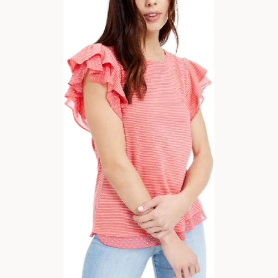 Maison Jules mini-stripe flutter-sleeve knit top in coral tile