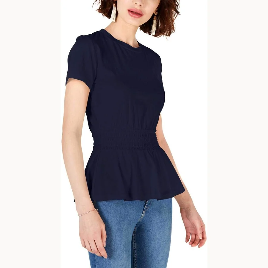 Maison Jules smocked ruffled peplum top in navy